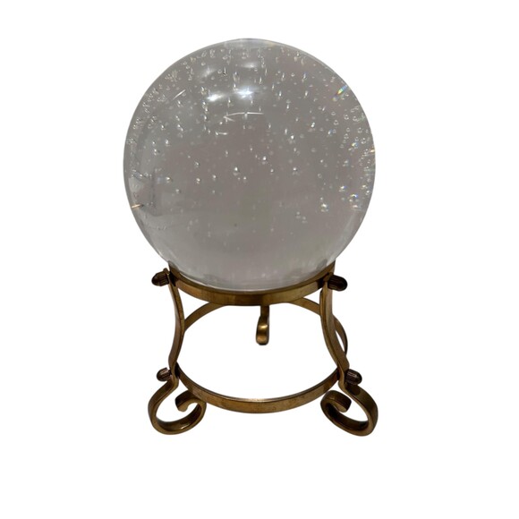 Vintage Crystal Ball Paperweight: 4" Bubble Glass Sphere on Brass Holder - Picture 1 of 5